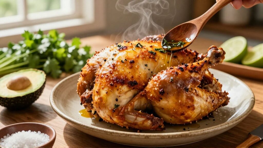 A golden roasted chicken being brushed with herb oil on a wooden table next to sliced avocado.