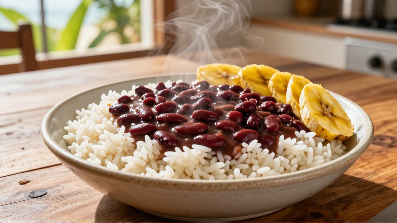 A steaming bowl of white rice and red kidney beans served with sliced plantains on a wooden table.