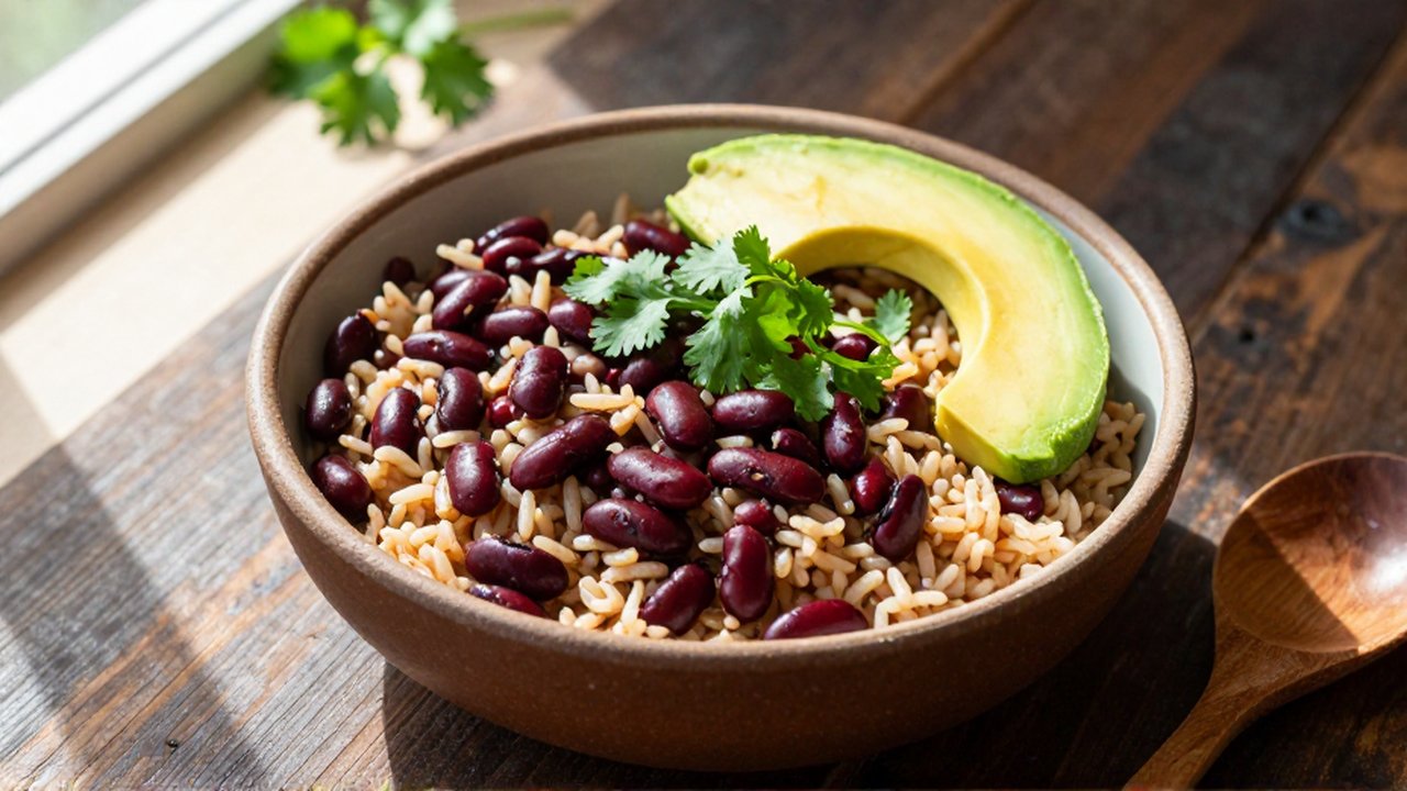 A ceramic bowl of rice and red kidney beans topped with cilantro and avocado on a wooden table.
