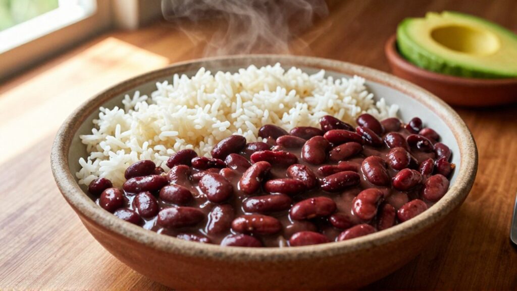 Steaming white rice and red kidney bean stew in a ceramic bowl with sliced avocado.