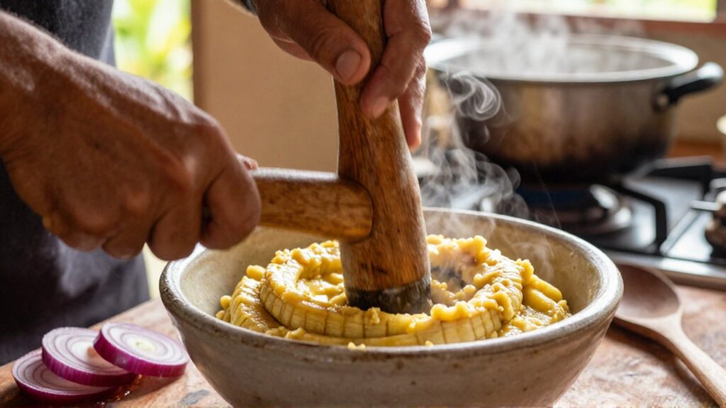 Hands use a wooden masher to crush steaming boiled green plantains in a ceramic bowl.