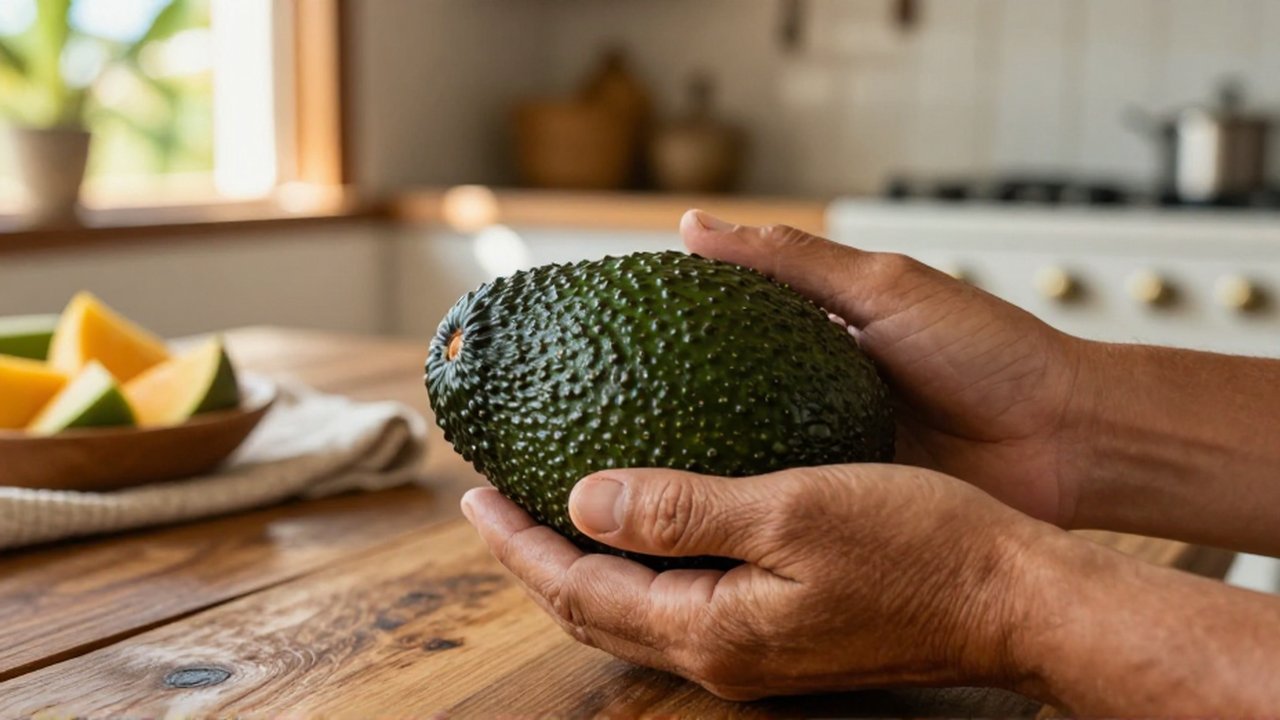 Weathered hands gently squeeze a dark green Hass avocado on a rustic wooden table.