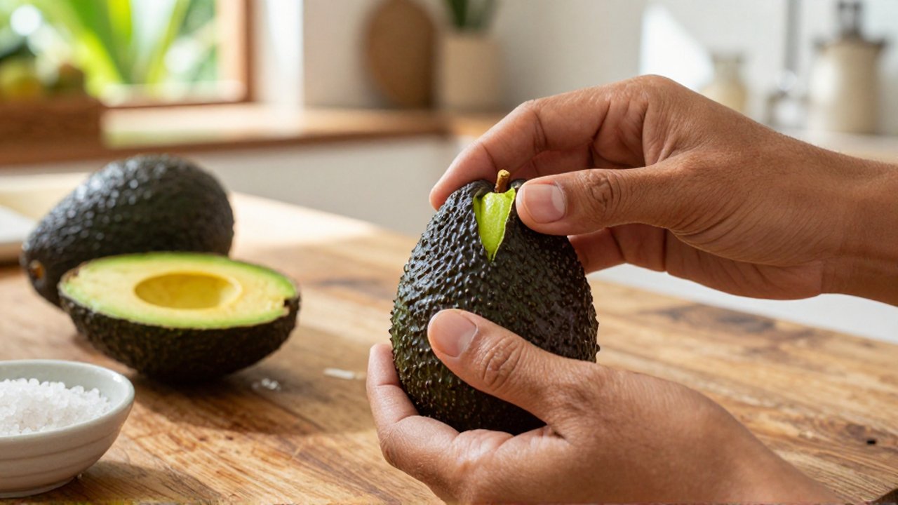 Hands lift the small stem of a dark Hass avocado to check its ripeness.