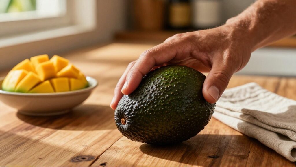 Hands gently press a ripe Hass avocado on a wooden counter near sliced mangoes.