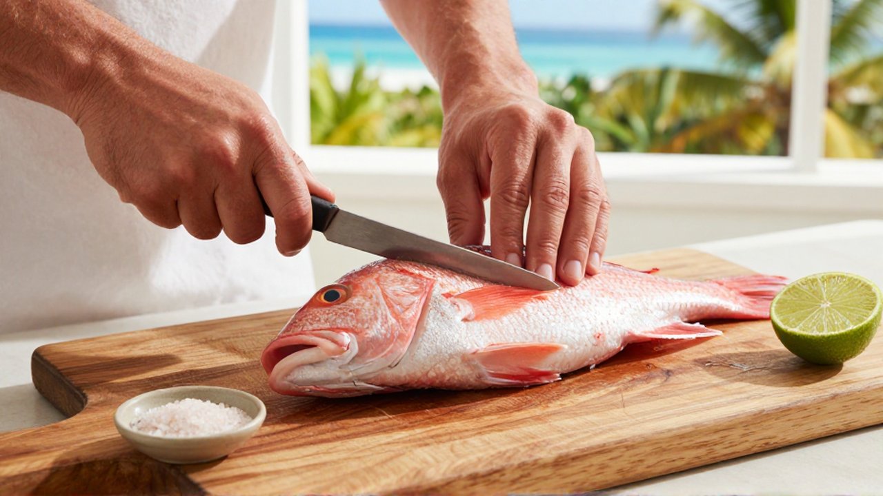 Hands use a fillet knife to prepare a fresh red snapper on a wooden board.