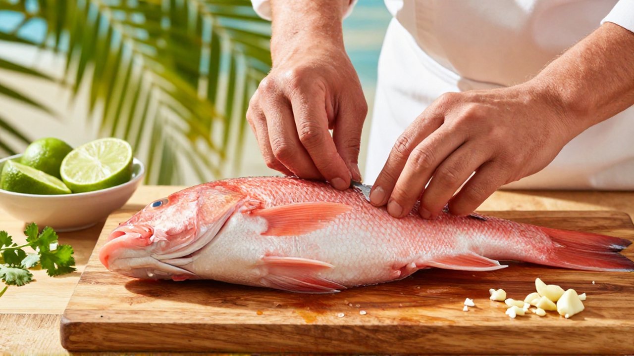 A chef's hands clean a fresh red snapper on a wooden board amidst lime and cilantro.