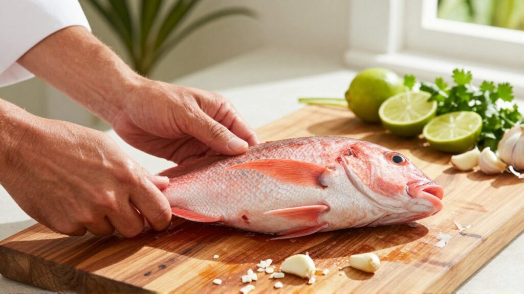 A chef cleans a fresh red snapper on a wooden board surrounded by lime and garlic.