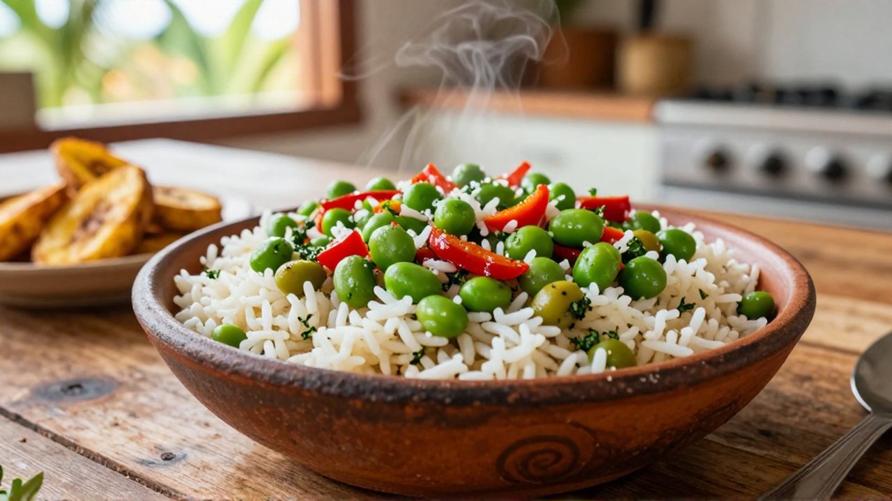 A rustic ceramic bowl of rice with pigeon peas and fried sweet plantains on a wooden table.