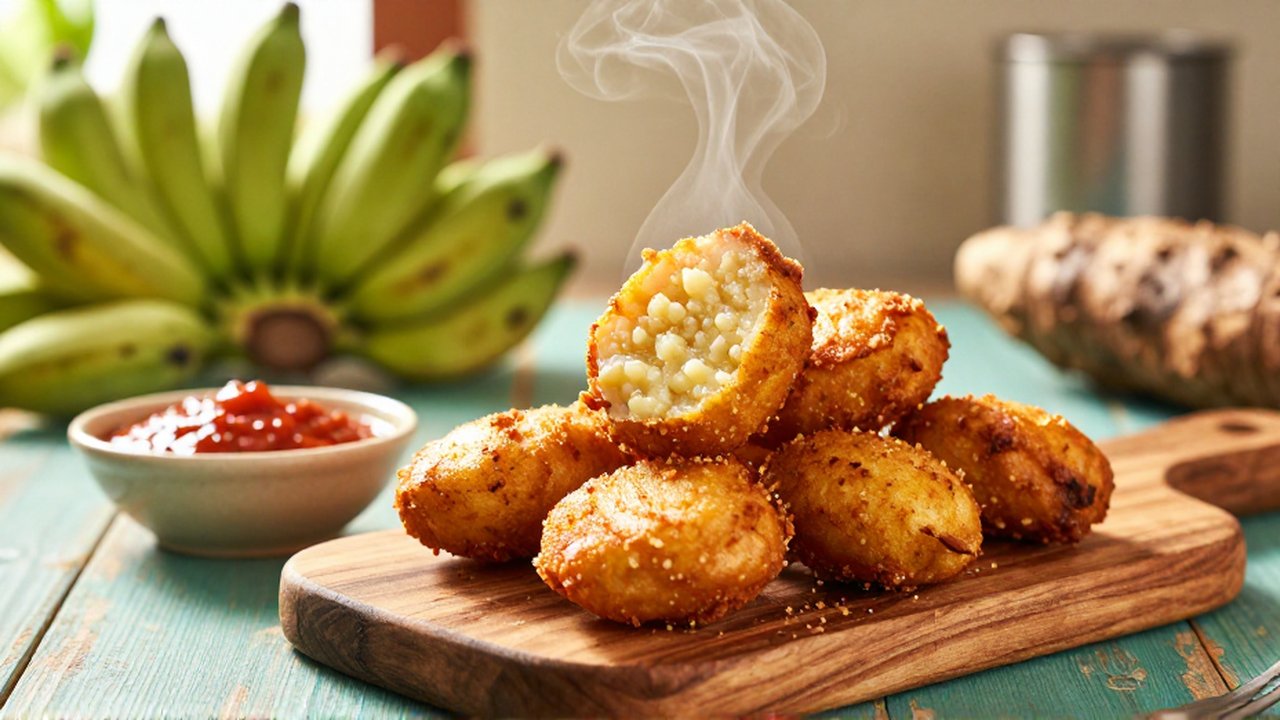 Steaming, golden-brown yuca fritters on a wooden board next to red sauce on a teal table.
