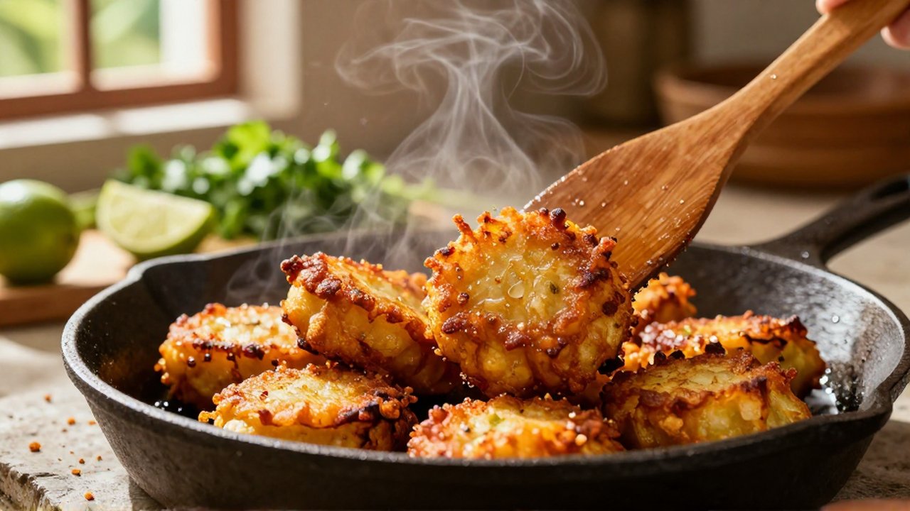 A wooden spatula lifts steaming, crispy golden-brown yuca fritters from a cast-iron skillet.
