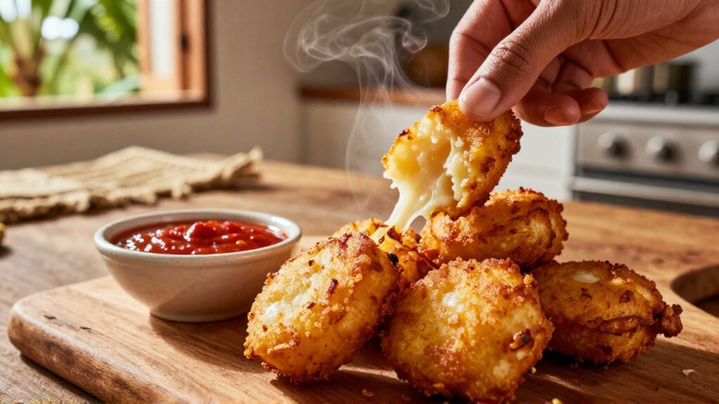A hand pulls apart a crispy golden yuca fritter to reveal a steaming interior next to red dipping sauce.