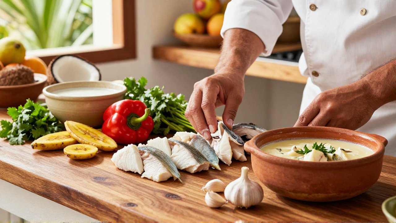 A chef arranges fresh fish, plantains, and vegetables around a simmering clay pot of fish stew.