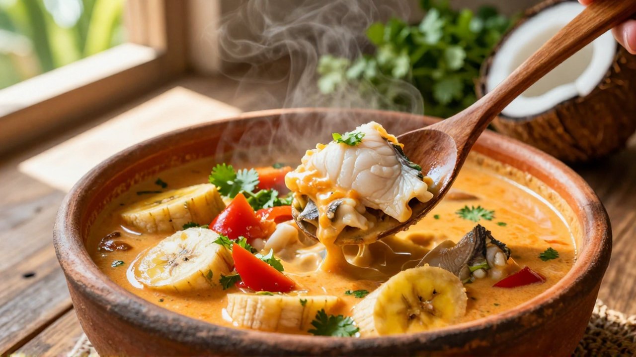 A wooden spoon lifts a piece of white fish from a creamy orange seafood stew in a clay bowl.