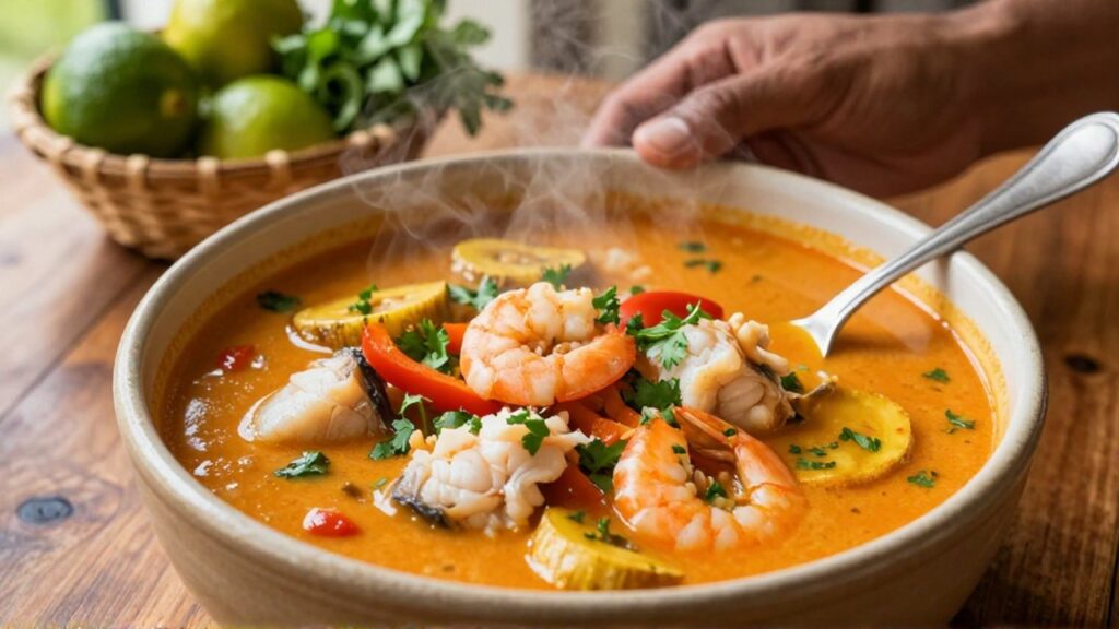 A steaming bowl of fish and shrimp stew with plantains sits on a wooden table.