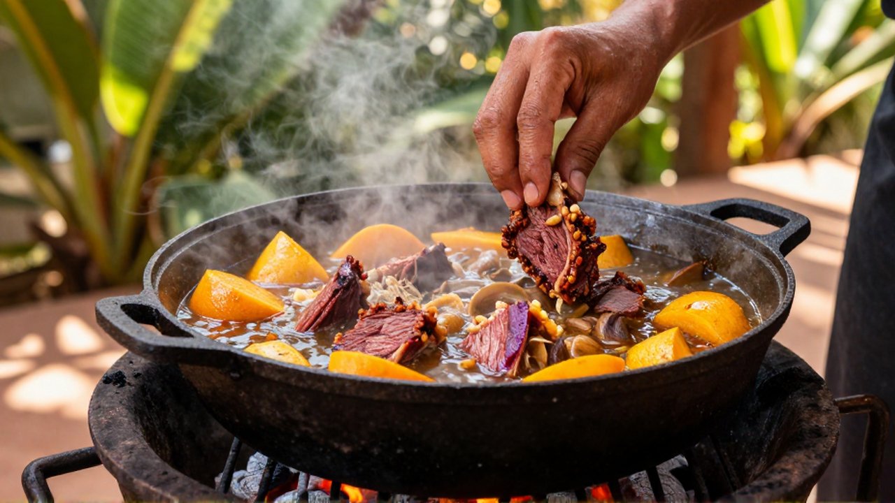 A chef adds seasoned meat and root vegetables into a simmering cast-iron pot on a charcoal grill.