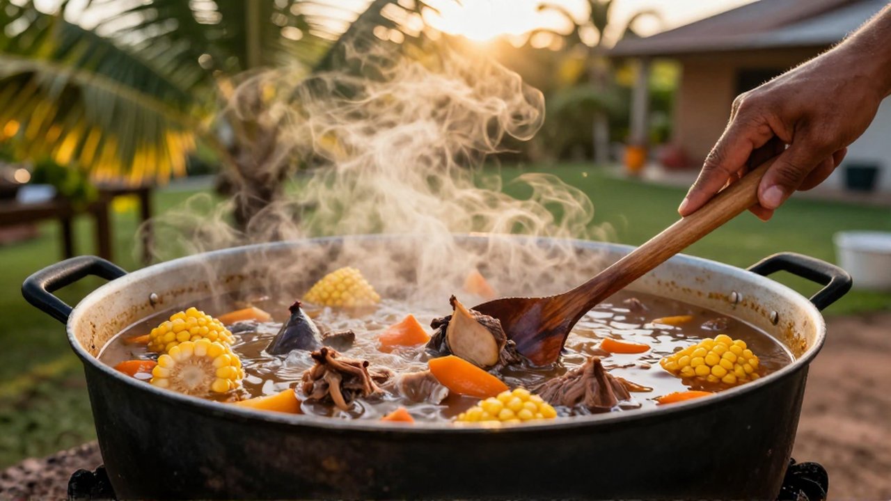 A chef stirs a bubbling meat and vegetable stew in a large pot over a charcoal grill.