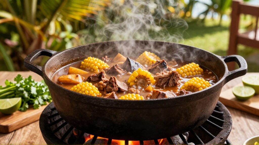 A cast iron pot simmers with a hearty meat and vegetable stew over a charcoal grill.