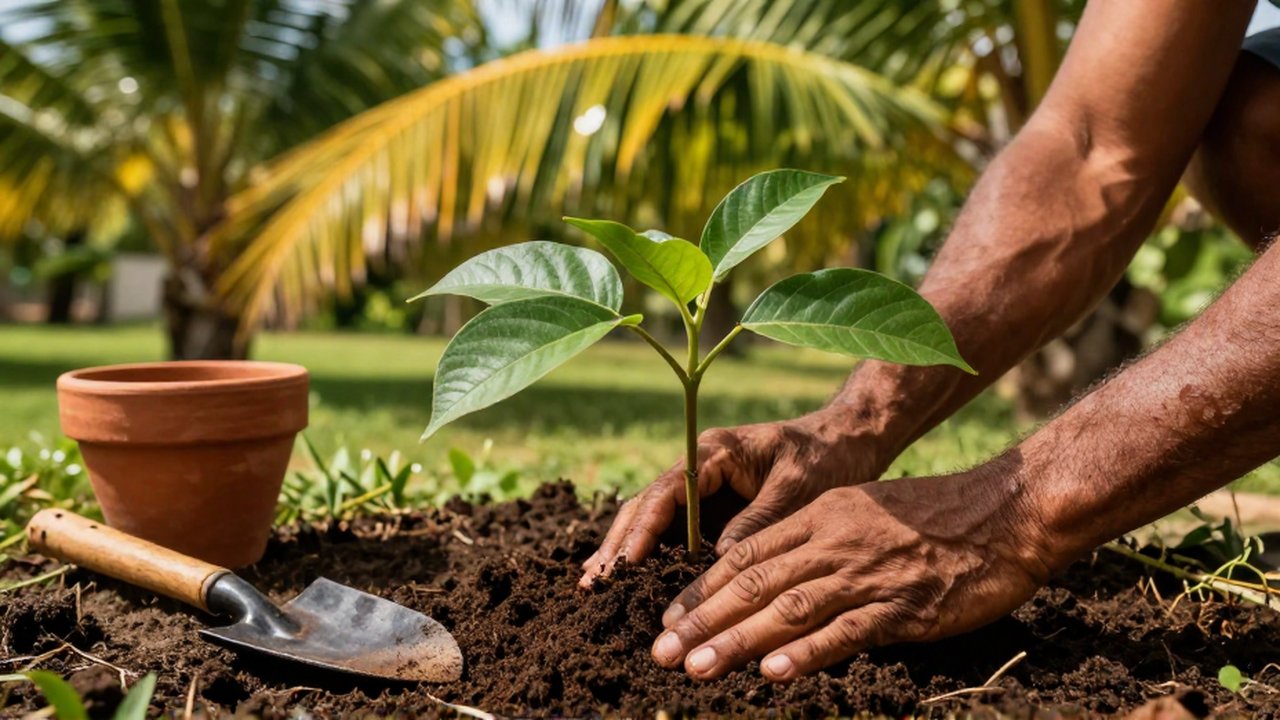 Weathered hands carefully plant a young guava sapling into dark soil in a tropical garden.