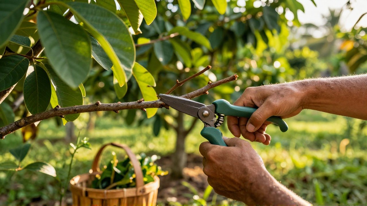 A gardener uses professional shears to prune branches from a lush guava tree in a sun-drenched orchard.