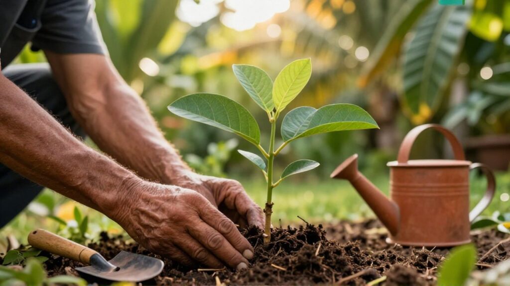 Weathered hands plant a young guava sapling into dark soil in a sunny garden.