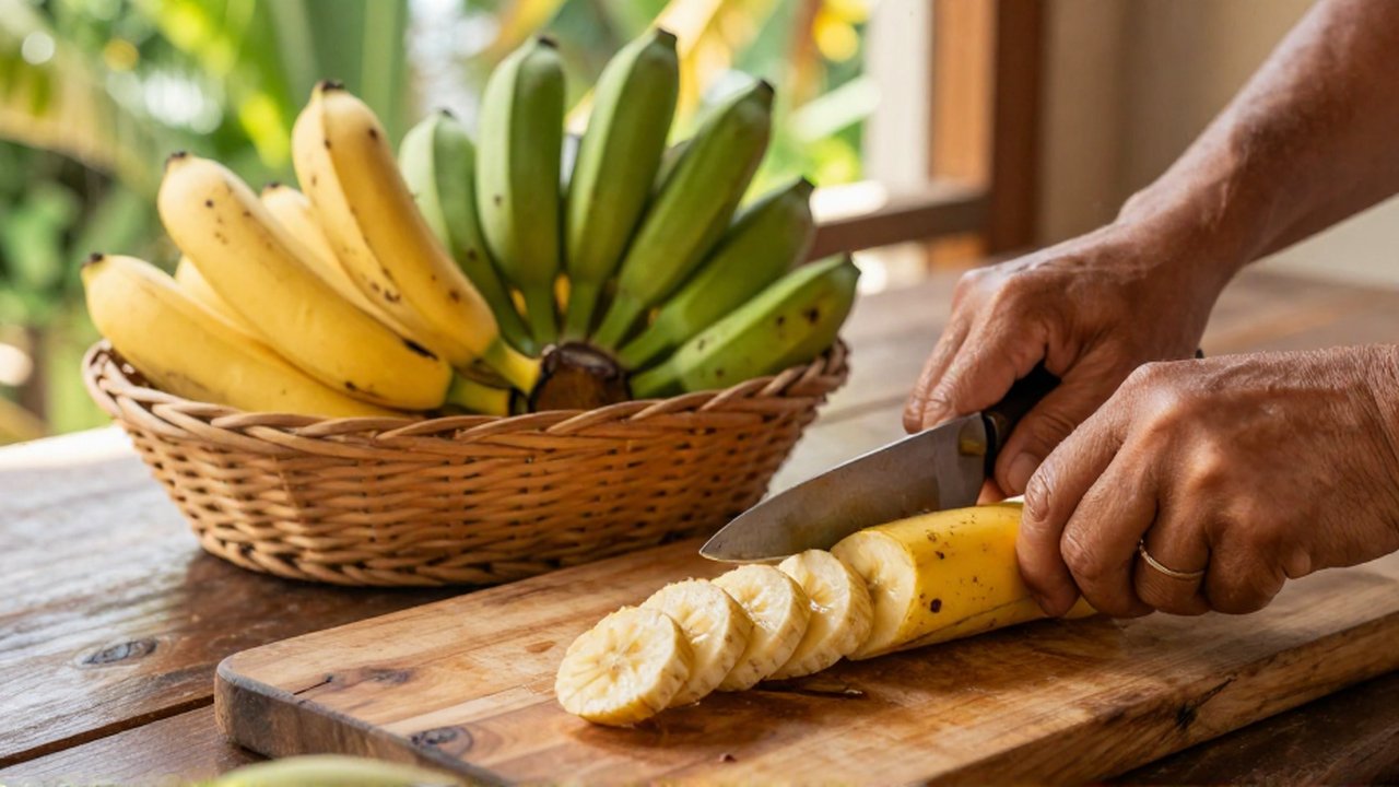 A woman's hands slice ripe golden sweet bananas on a wooden board in a sunlit kitchen.