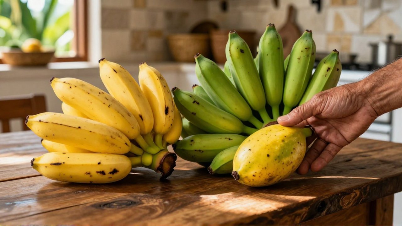 A hand touches a bunch of yellow guineos next to green plátanos on a wooden table.