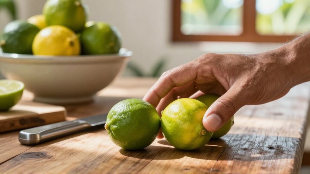 Hands gently press a cluster of vibrant limes on a wooden table to check for ripeness.