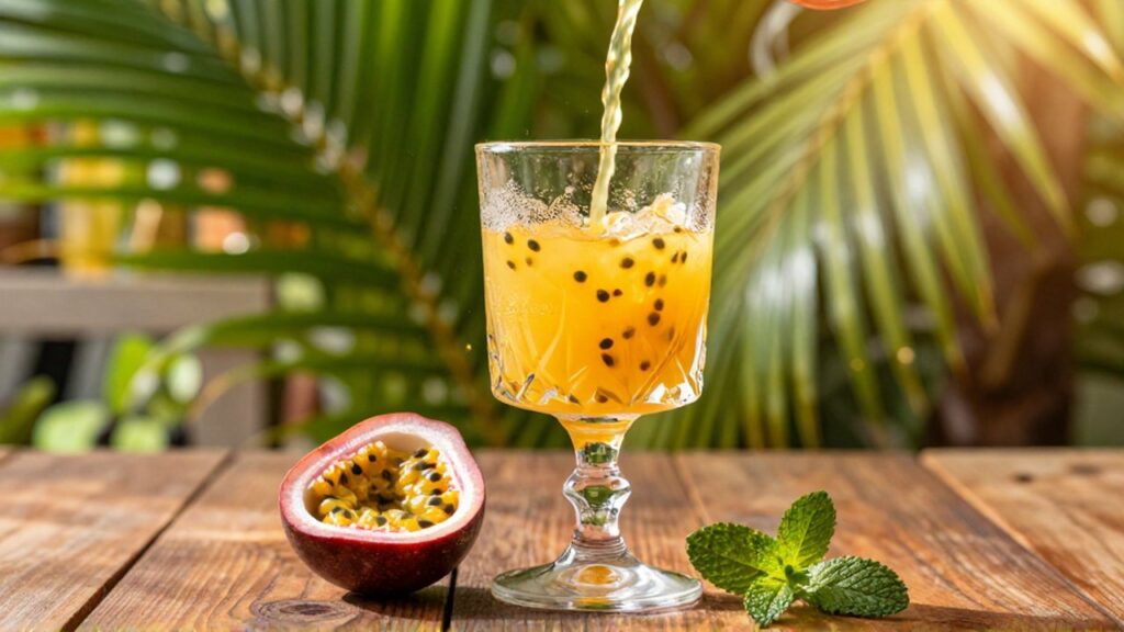 A golden passion fruit mocktail is poured into a chilled highball glass on a sunny tropical patio.