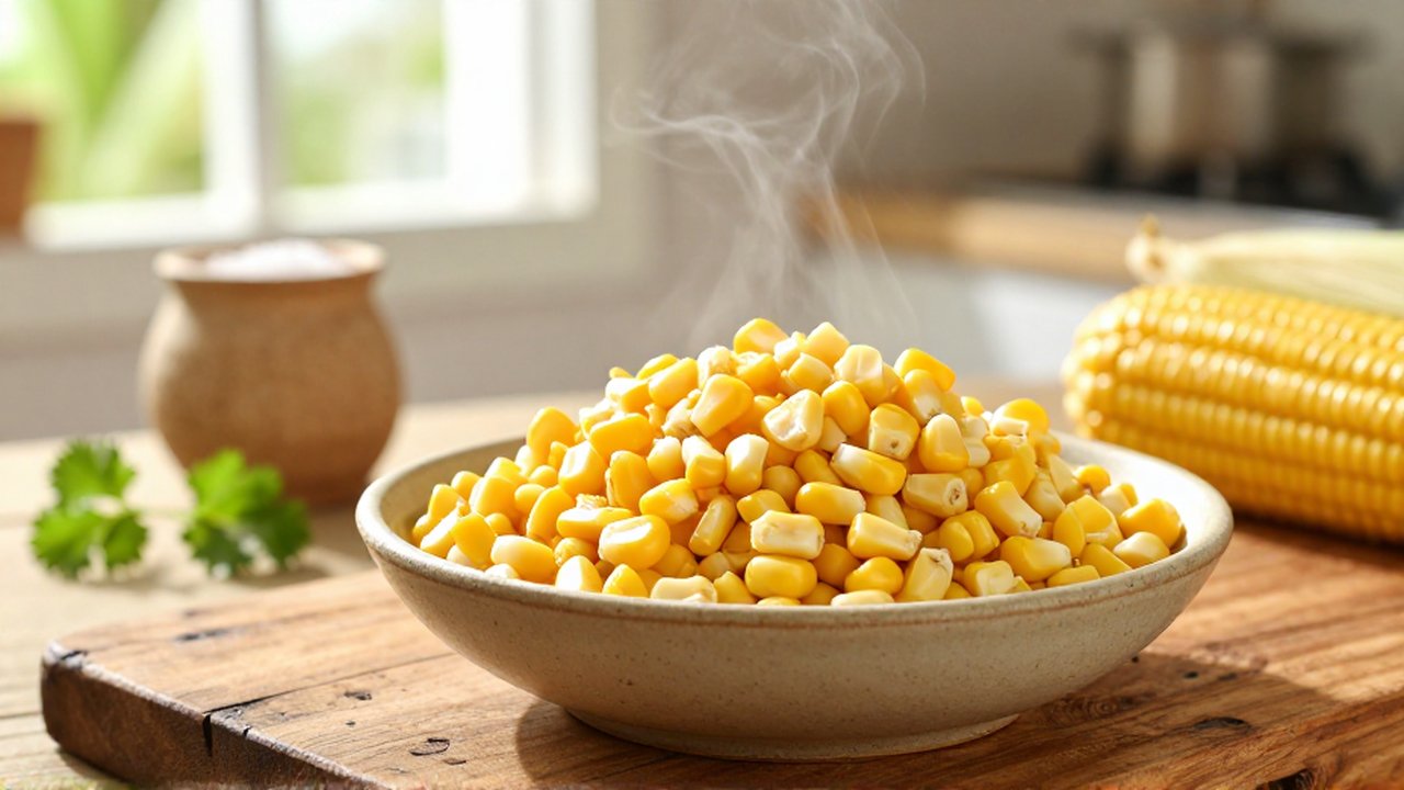 Steaming golden corn kernels in a ceramic bowl sit on a rustic wooden table.