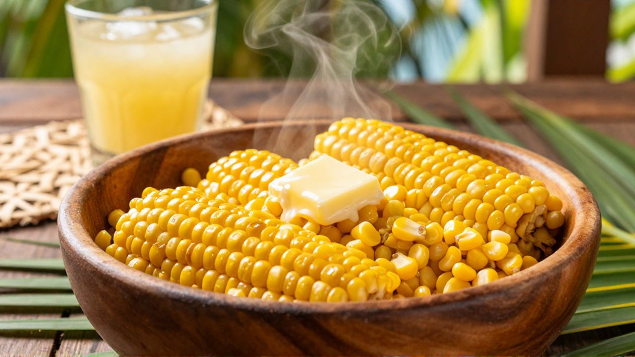 Steaming golden corn kernels with melting salted butter in a wooden bowl on a tropical tabletop.