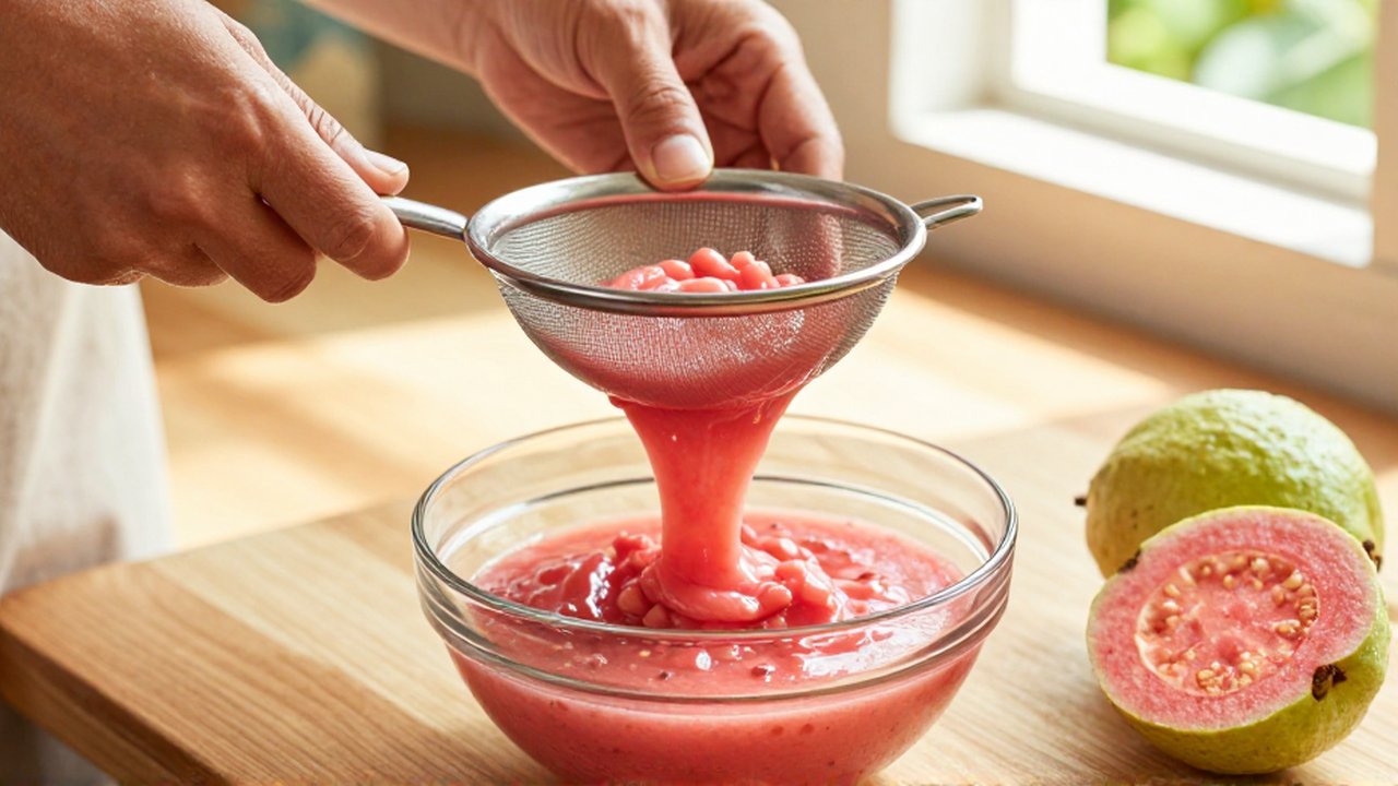 Hands strain thick pink guava pulp through a mesh sieve into a glass bowl on a wooden counter.