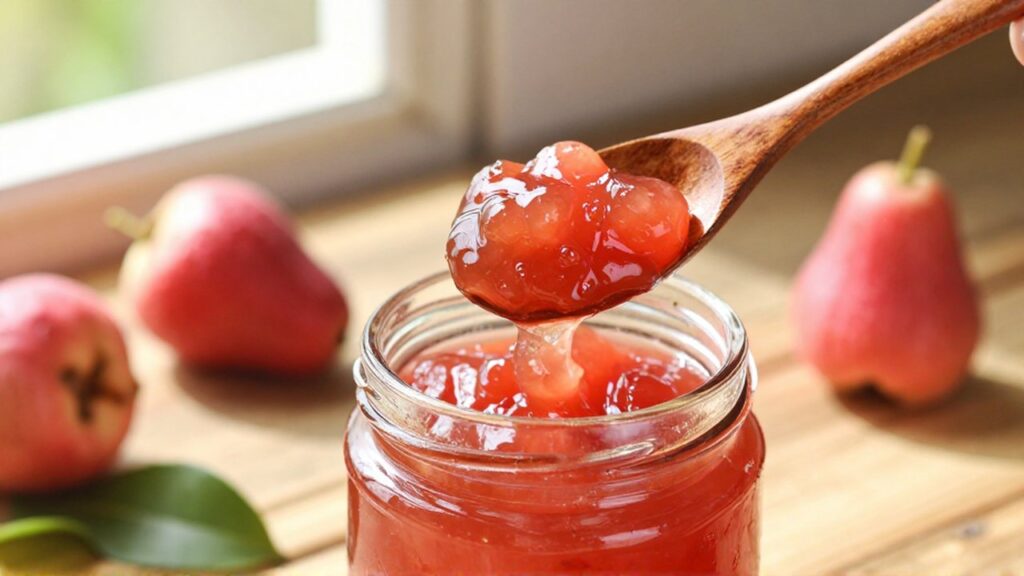 A wooden spoon lifts a dollop of thick pink guava jelly from a glass jar.