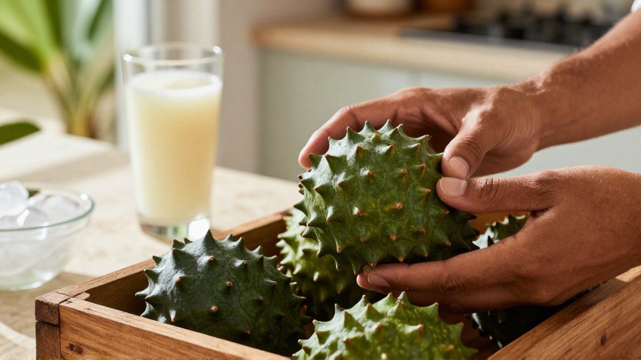 Hands select a spiky green soursop from a wooden crate near a glass of juice.