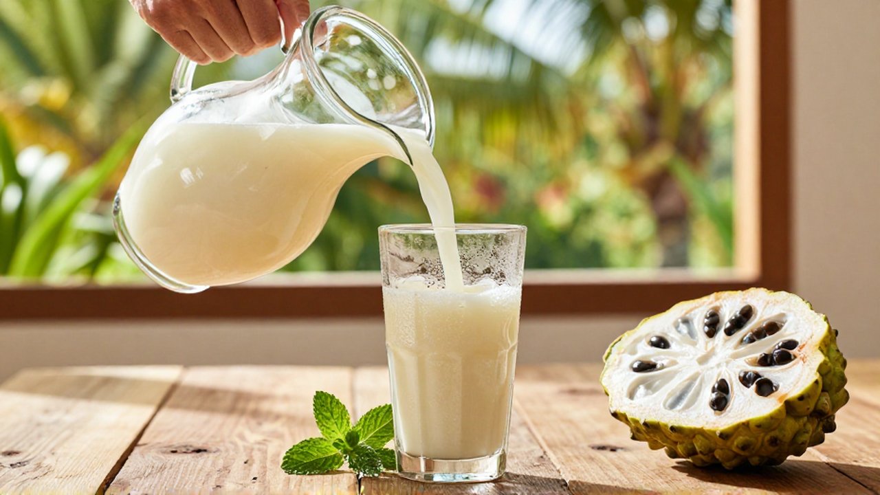 Creamy soursop juice is poured from a glass pitcher into a chilled tumbler on a rustic wooden table.