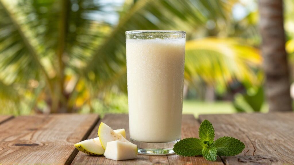 A tall glass of creamy soursop juice with fresh fruit on a sun-drenched tropical veranda.