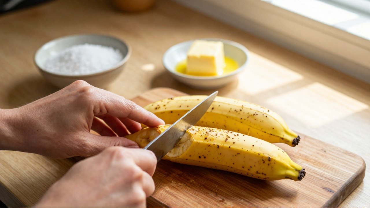 Hands slice a ripe yellow plantain on a wooden board near salt and melted butter.