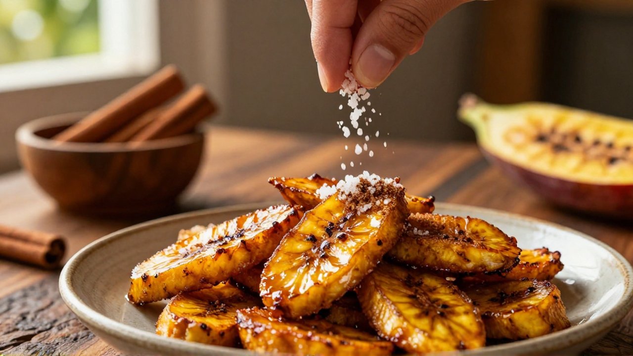 A hand sprinkles salt and cinnamon over a pile of caramelized fried plantains on a ceramic plate.