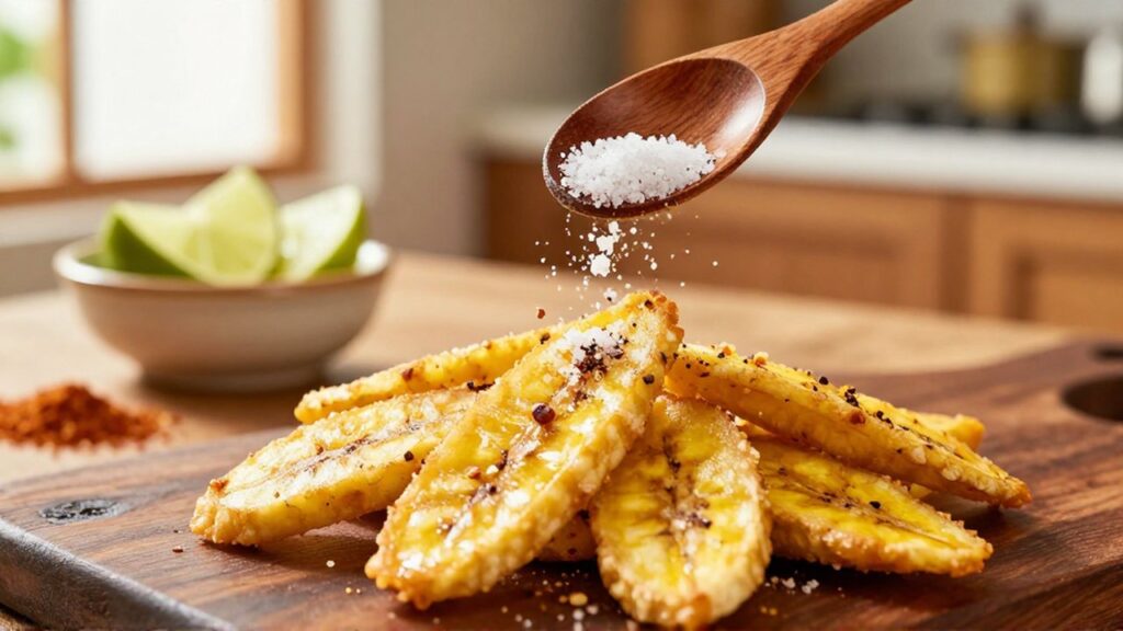A wooden spoon sprinkles salt and spices over a heap of crispy