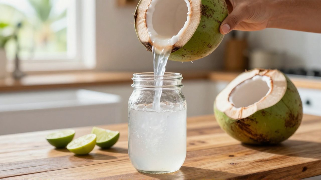 Hands pour fresh coconut water from a green coconut into a glass mason jar on a wooden counter.