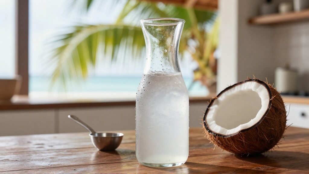 A chilled glass carafe of coconut water sits beside a cracked coconut on a wooden table.