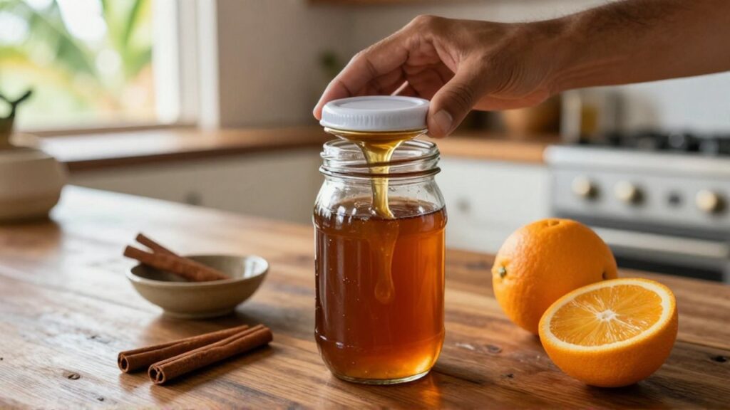 Hands pour thick amber syrup into a glass jar on a sunlit wooden countertop.