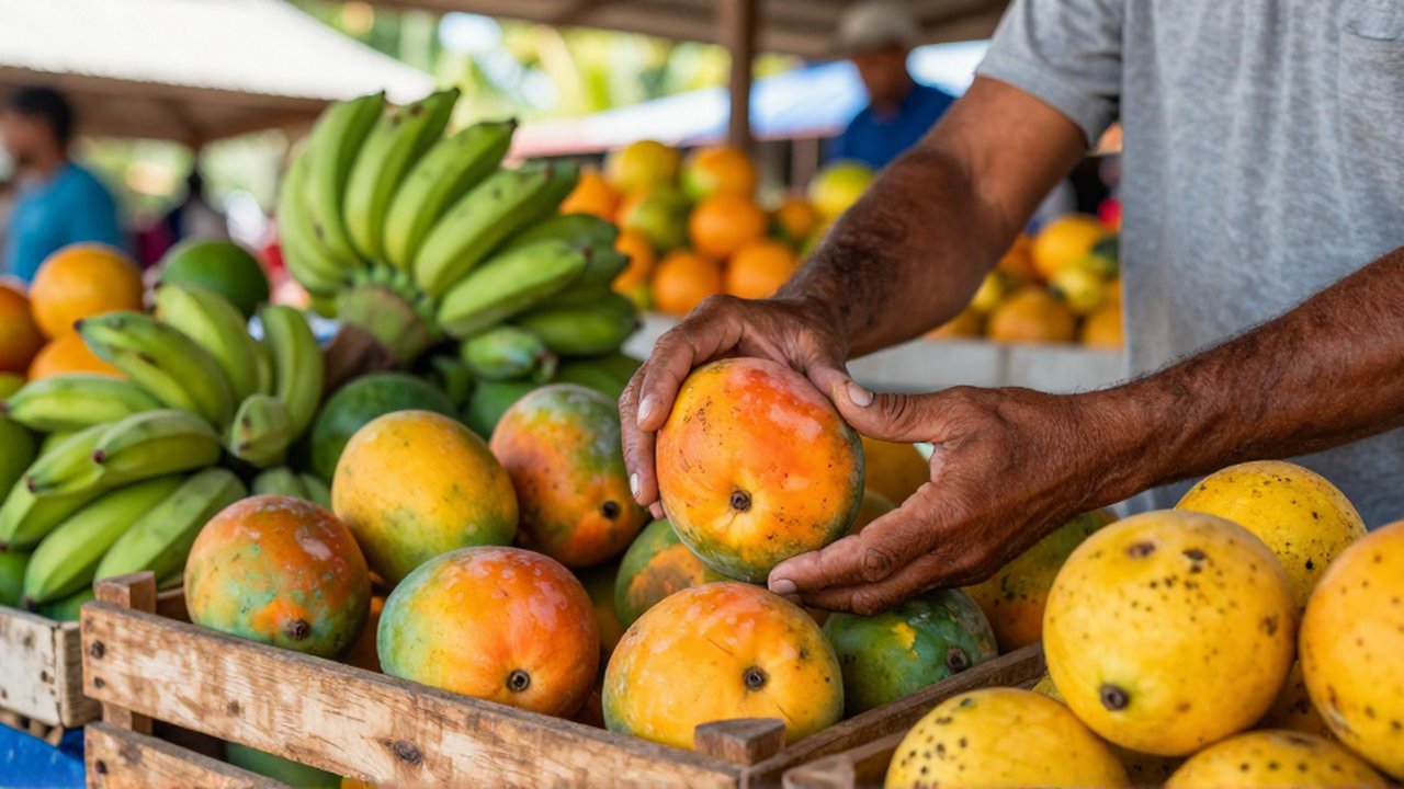 A farmer's hands select ripe mangoes and papaya from a wooden crate at a tropical market.