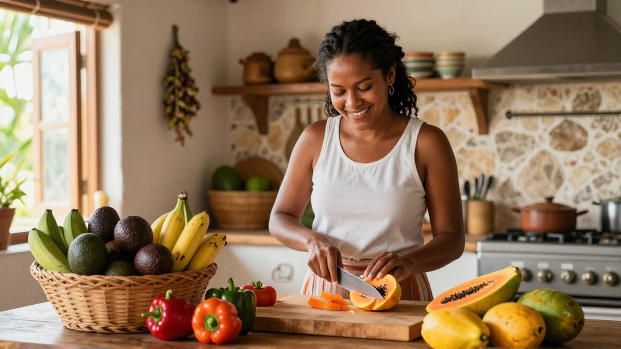 A smiling woman slices papaya and mango on a wooden board in a rustic kitchen.