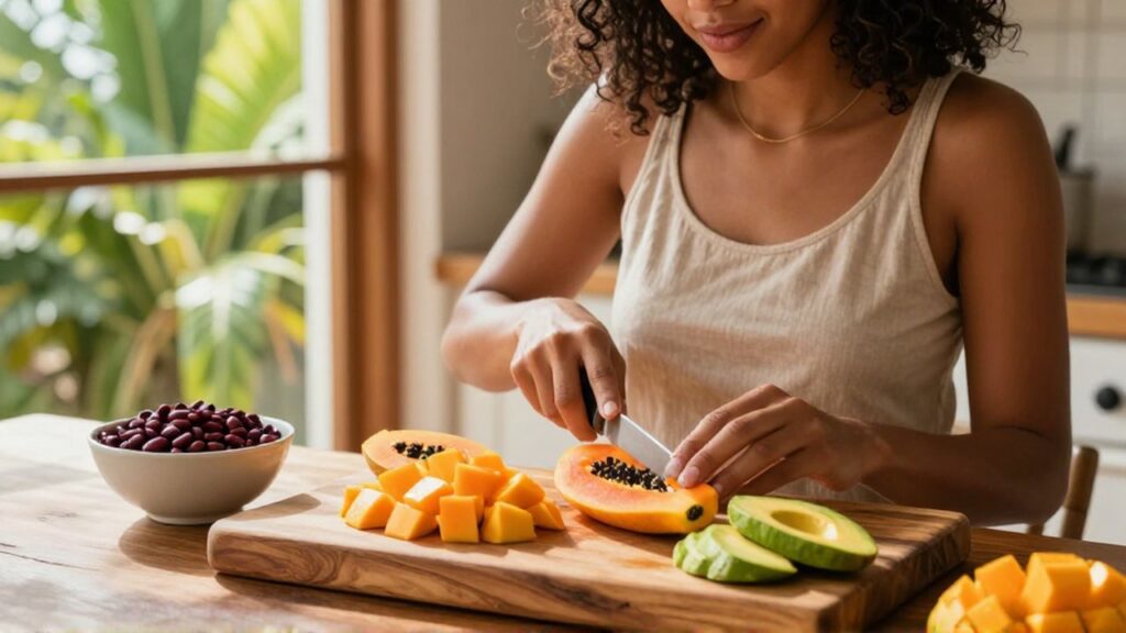 A woman slices ripe papaya and mangoes on a wooden board in a sunlit tropical kitchen.