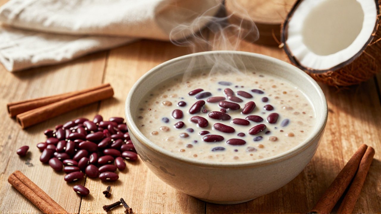 A steaming bowl of creamy coconut bean dessert surrounded by cinnamon, cloves, and coconut on a rustic table.