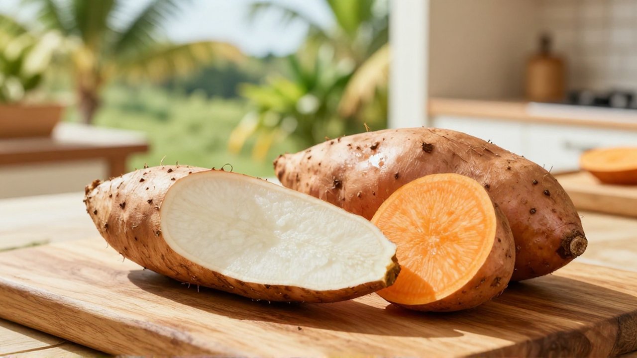 Sliced yucca, sweet potato, and malanga are arranged on a rustic wooden kitchen table.
