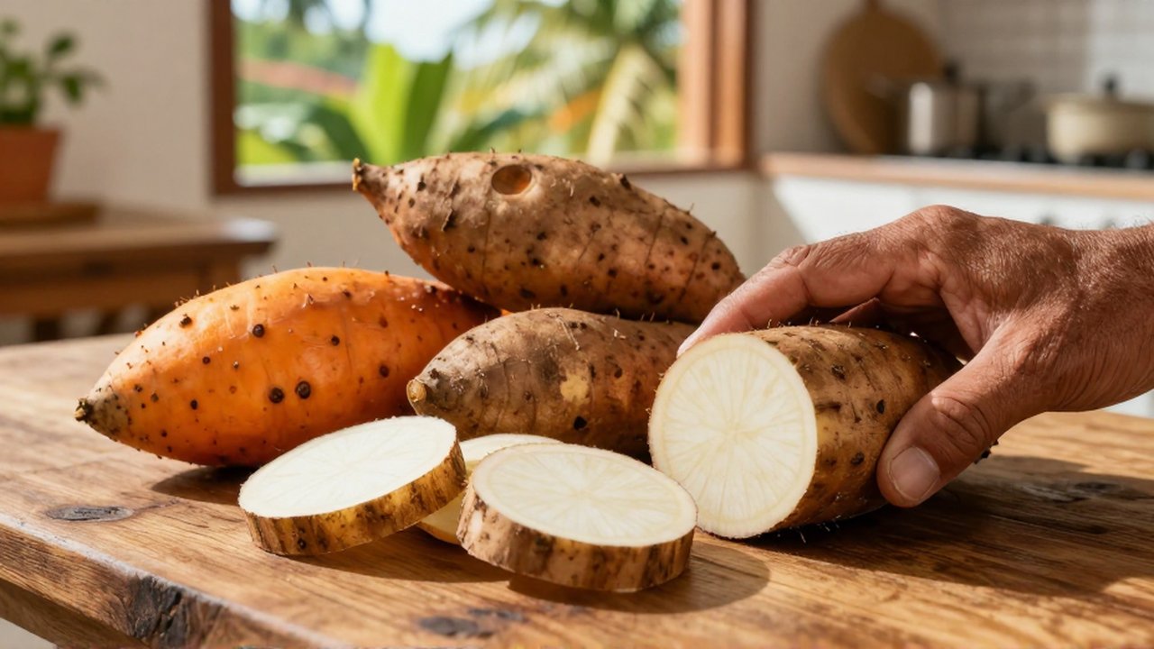 Sliced yuca, sweet potato, and malanga rest on a wooden table in a sunlit kitchen.