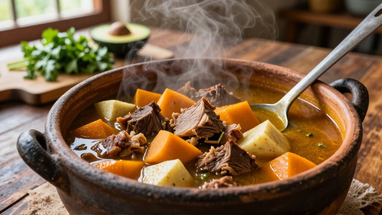 A steaming ceramic pot of meat and root vegetable stew sits on a wooden table.