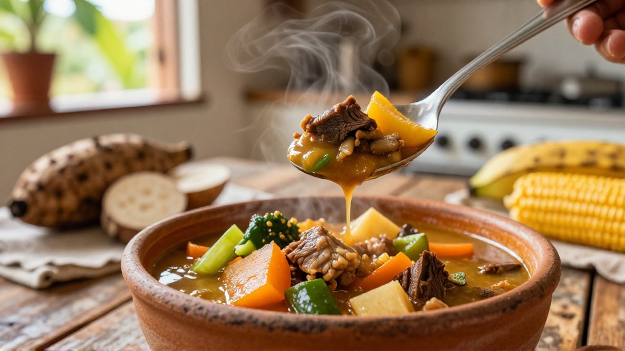 A large spoonful of hearty sancocho stew is lifted from a rustic ceramic bowl in a sunlit kitchen.