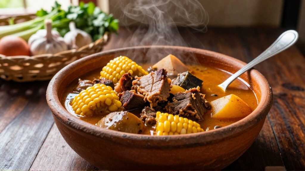 A steaming ceramic bowl of hearty meat and root vegetable stew on a wooden table.